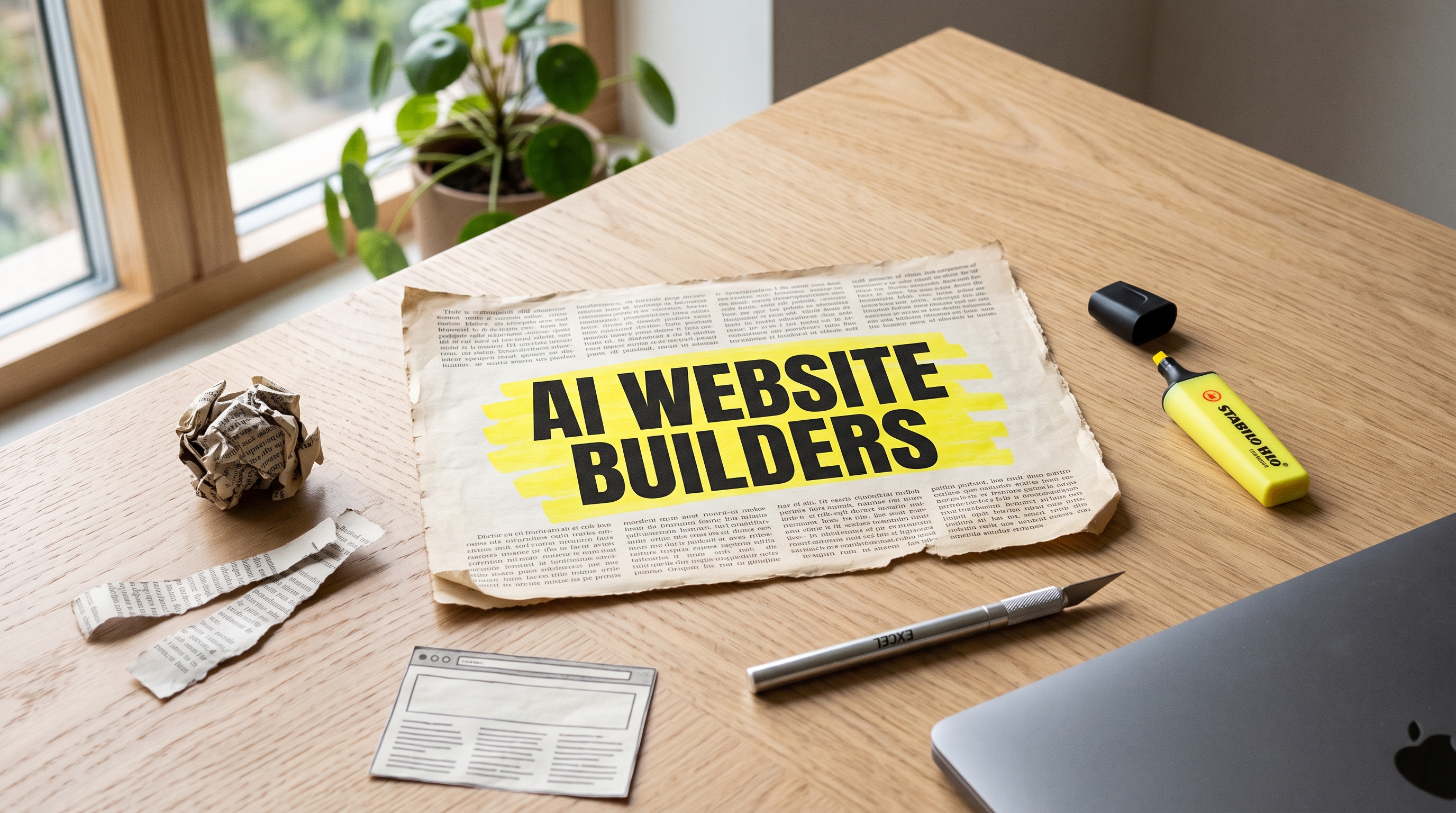 Torn newspaper clipping on an oak desk with the words AI Website Builders highlighted in yellow, next to a highlighter, a craft knife and a paper browser-window cutout